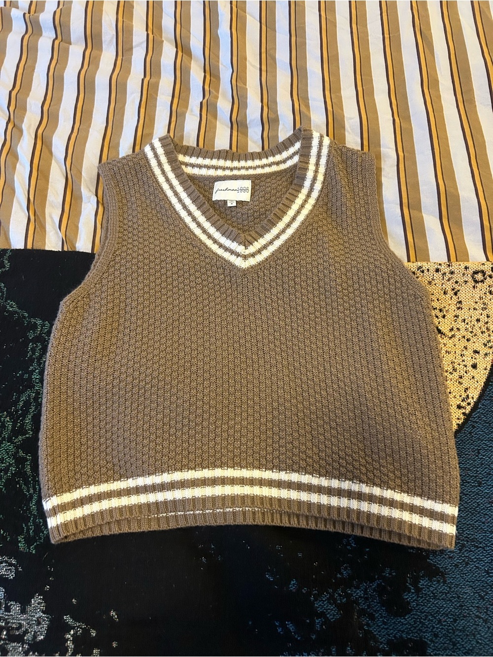 Freshman Brown Knit V-Neck Sweater Vest with Cream Stripes